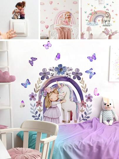 1/2 Sheets Unicorn Wall Sticker For Girls Room, Cute Cartoon Girl Hugging Unicorn With Rainbow And Butterflies, Removable PVC Decal For Nursery Bedroom Decoration