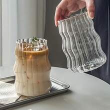 TUMATICLY 6PCS Glass Coffee Mug With Straw, Vintage Stripe Design, Office Simple Water Cup, Suitable For Iced Coffee And Drinks, Commercial Coffee Mug, Mug, Drinking Utensils, Holiday Gifts, Gift With Straw Cleaning Brush! - 透明 - 查看 4