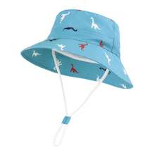 儿童恐龙图案遮阳帽，婴儿夏季户外宽檐帽，男女童棉质渔夫帽带下巴带 - 迷你恐龍 - 查看 14
