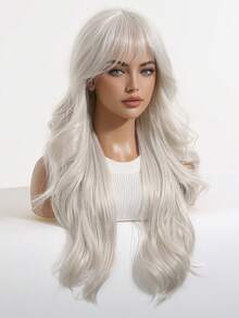 26" Silver White Wavy Wig With Fringe, Heat Resistant Synthetic Hair With Elastic Net Cap For Cosplay & Festival Outfits - White - View 5