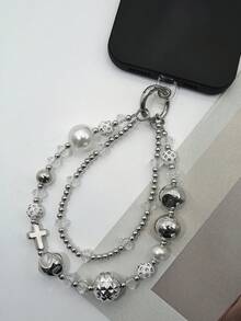 1条奢华多层珍珠水晶手机挂绳，优雅十字串珠手机链，时尚水晶手机挂绳，适合作为母亲、家人、朋友的生日、节日礼物 - 手机挂饰，手机挂绳 - 銀色 - 查看 6