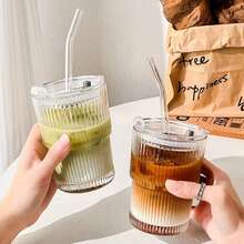 1pc Ins Style Striped Glass Coffee Cup With Lid And Straw, Portable Minimalist Design, Can Hold Water, Tea Or Coffee, Round Shape, 400ml Capacity - Multicolor - View 14
