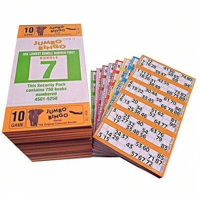 750 10 Page Games Jumbo Bingo Tickets 6 To View 1-90 Bingo Cards Serial Numbers