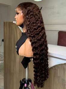 32 34 Inches Long Curly Human Hiar Wigs Chocolate Brown Colored 200% Density 13*4 HD Transparent Lace Frontal Wigs Deep Wave Brazilian Pre Plucked With Baby Hair #4 Coloed Lace Front Human Hair Wigs For Women - S4 - Xem 3