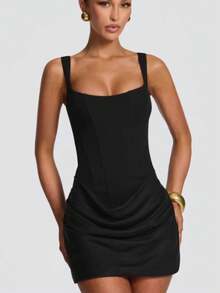 1pc Fashionable Sexy Women's Spaghetti Strap Ruched Waist Dress Party - Black - View 2