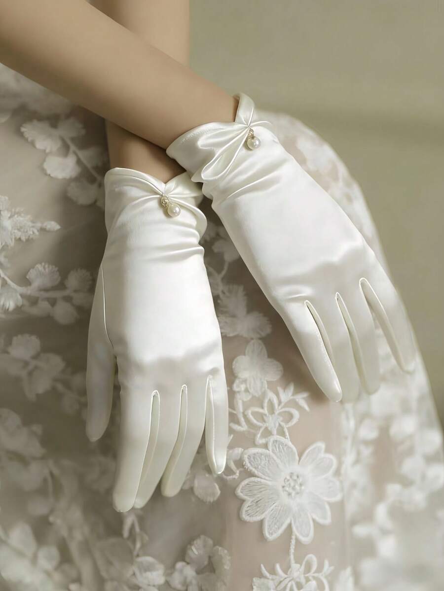 1 đôi găng tay ngắn bằng satin màu trắng kiểu cổ điển đính ngọc trai, thích hợp cho trang phục chụp ảnh cưới. - trắng - Xem 1