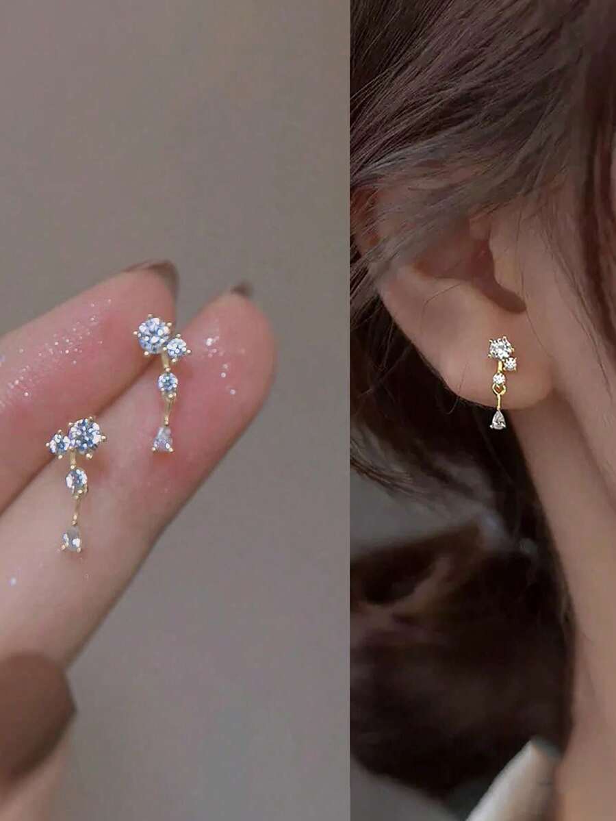 一对女士时尚优雅闪亮立方氧化锆水滴形耳钉，适合日常佩戴、聚会、送礼，采用925纯银制成 - 金色 - 查看 1