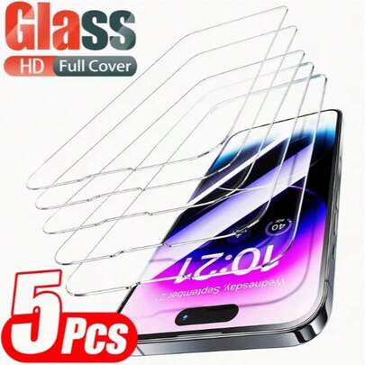 5片/套高清钢化玻璃屏幕保护膜，全屏覆盖透明保护膜，兼容苹果11/12/13/14/15/16/17 Pro Max，也适用于 14/15/16 Plus