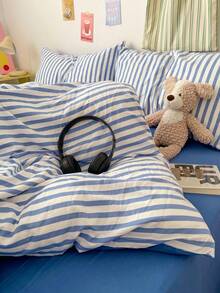 三件套,简约蓝白条纹韩式被套套装(1个被套+2个枕套,不含被芯和枕芯),水洗合成纤维,标准尺寸,柔软舒适,适合宿舍、家庭卧室、酒店,四季皆宜,拉链封口,多色可选,经久耐用,加大床品套装 - 藍色 - 查看 3