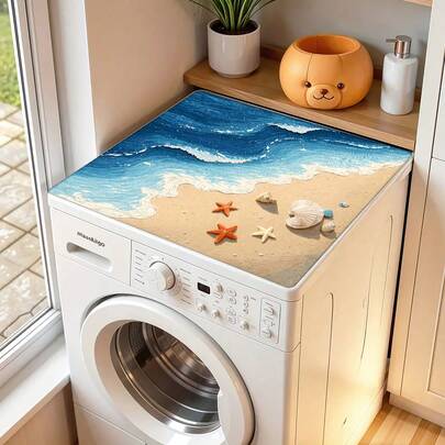 1pc Beach Pattern Printed Washing Machine Dust Cover, Rubber Soft Bottom, Laundry Room Accessory, Washing Machine Top Protective Pad, Quick Absorbent And Dry, Refrigerator Dust Cover Pad, Coffee Maker Countertop Absorbent Mat, Diatomite Draining Mat, Modern Laundry Room And Kitchen Appliance Washing Machine And Dryer Dust Cover, Home Decor, Kitchen And Dining Room Decor