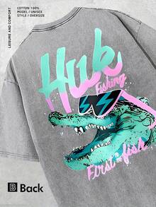 Local Warehouse Items Women'S ClothesUnisex Huk Fishing Crocodile Graphic Oversized T-Shirt, 100% Washed Cotton Retro Streetwear, Summer Door Casual Top Double Sided Print Ideal Gift For Fishing Enthusiastsmotif Women Clothes - 灰色 - 查看 6