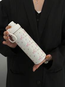 500ml Thermal Insulated Cup With Handle, Bow And Rose Print, Dual Use Sip Lid, Leakproof Lockable Lid, Stainless Steel Sports Water Bottle - Multicolor - View 12