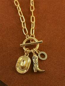 1pc Retro Classic Letter Western Cowboy Hat Pendant, With Gold Stainless Steel Paperclip Chain, Women Necklace - Yellow Gold - View 11