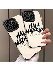 Funda de teléfono con diseño de patrón artístico con texto "HALA MADRID", adecuada para iPhone 16 15 14 13 12 11 Plus Pro Max - Diseño de moda creativo, apta para hombres y mujeres, regalo para amigos, familia, novio, novia, funda protectora antichoque de cobertura completa, accesorio de teléfono (17) - Negro - Ver 6