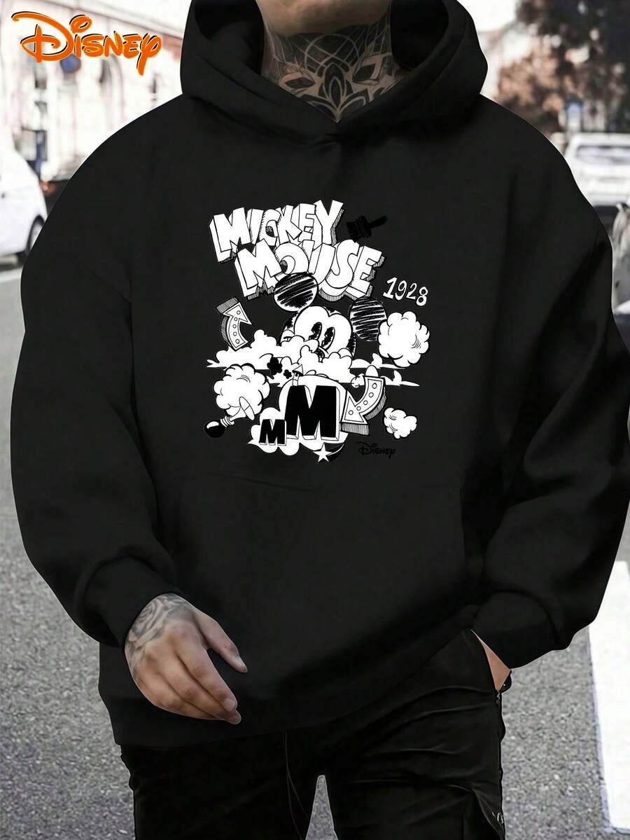 Disney Men's Casual Hoodie, "Mickey Mouse 1928" Comic Print, Retro Pop Art Design, Relaxed Fit, Perfect For Nostalgic Style - Black - View 1