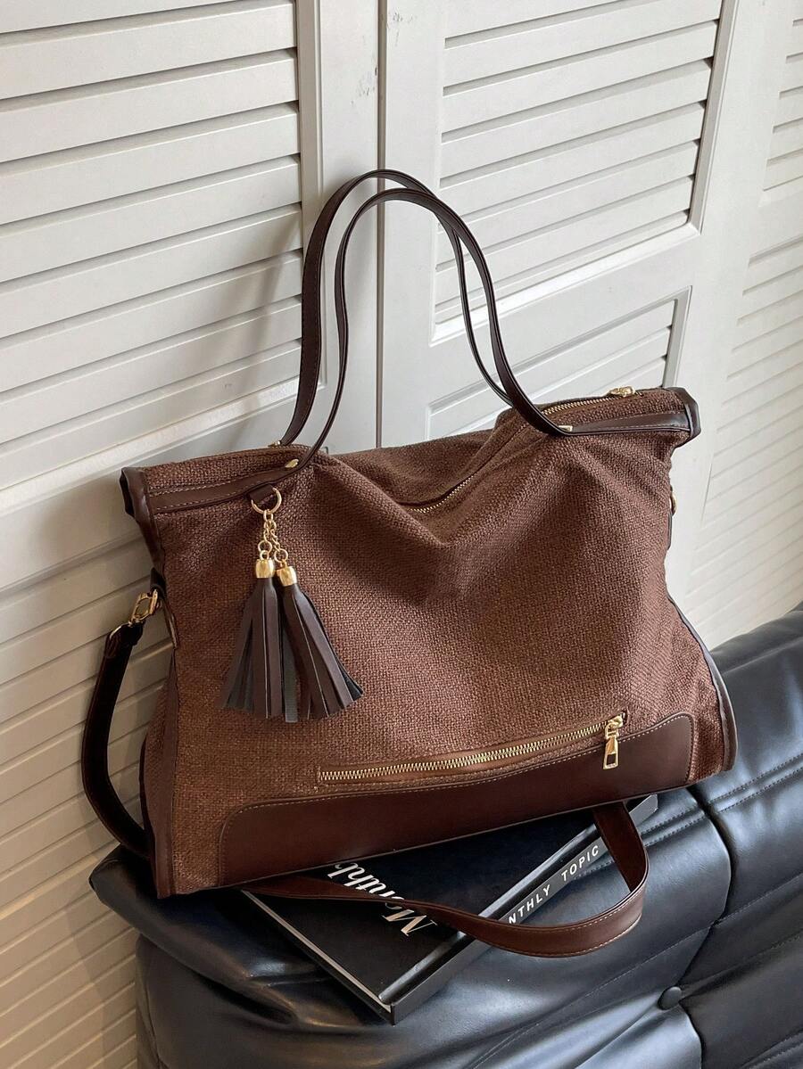Women's Minimalist Color Block Fringe Zipper Decor Tote Bag