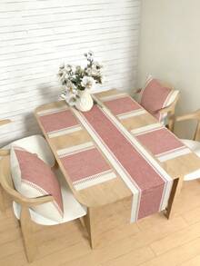 1/4/5/6/7件套现代简约条纹撞色设计桌旗，亚麻质感耐用抗皱桌布，适用于餐桌/玄关、家居装饰套装、客厅装饰套装、卧室装饰套装、餐厅装饰套装，亚麻质感，多种尺寸可选，可作餐桌装饰、壁炉架装饰巾、餐垫、隔热垫等家居装饰。 - 柔霧粉 - 查看 1