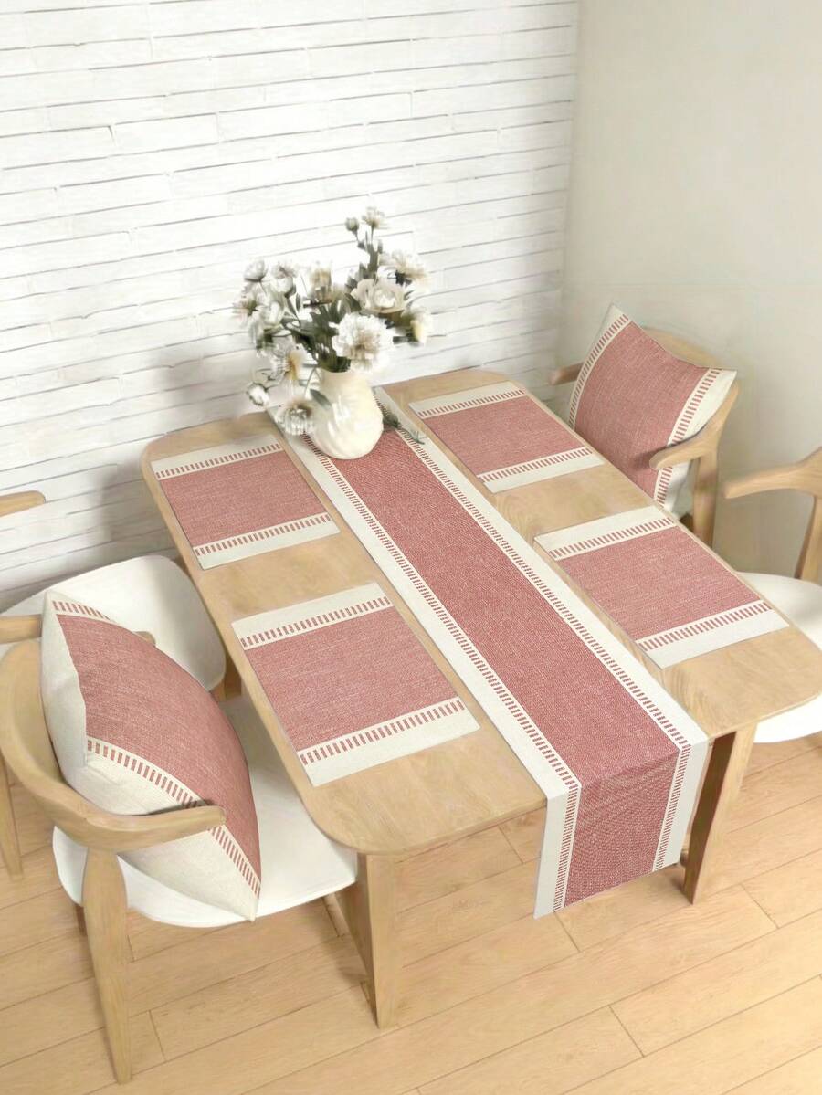 1/4/5/6/7件套现代简约条纹撞色设计桌旗，亚麻质感耐用抗皱桌布，适用于餐桌/玄关、家居装饰套装、客厅装饰套装、卧室装饰套装、餐厅装饰套装，亚麻质感，多种尺寸可选，可作餐桌装饰、壁炉架装饰巾、餐垫、隔热垫等家居装饰。 - 柔霧粉 - 查看 1