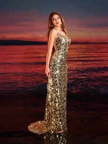 女士金色亮片拼接深V领露背长款派对晚礼服 - 金色 - 查看 6