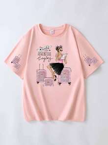 Plus Size Women's Casual Printed Pattern Round Neck Short Sleeve T-Shirt Top Suitable For Spring And Summer Pink - Pink - View 3