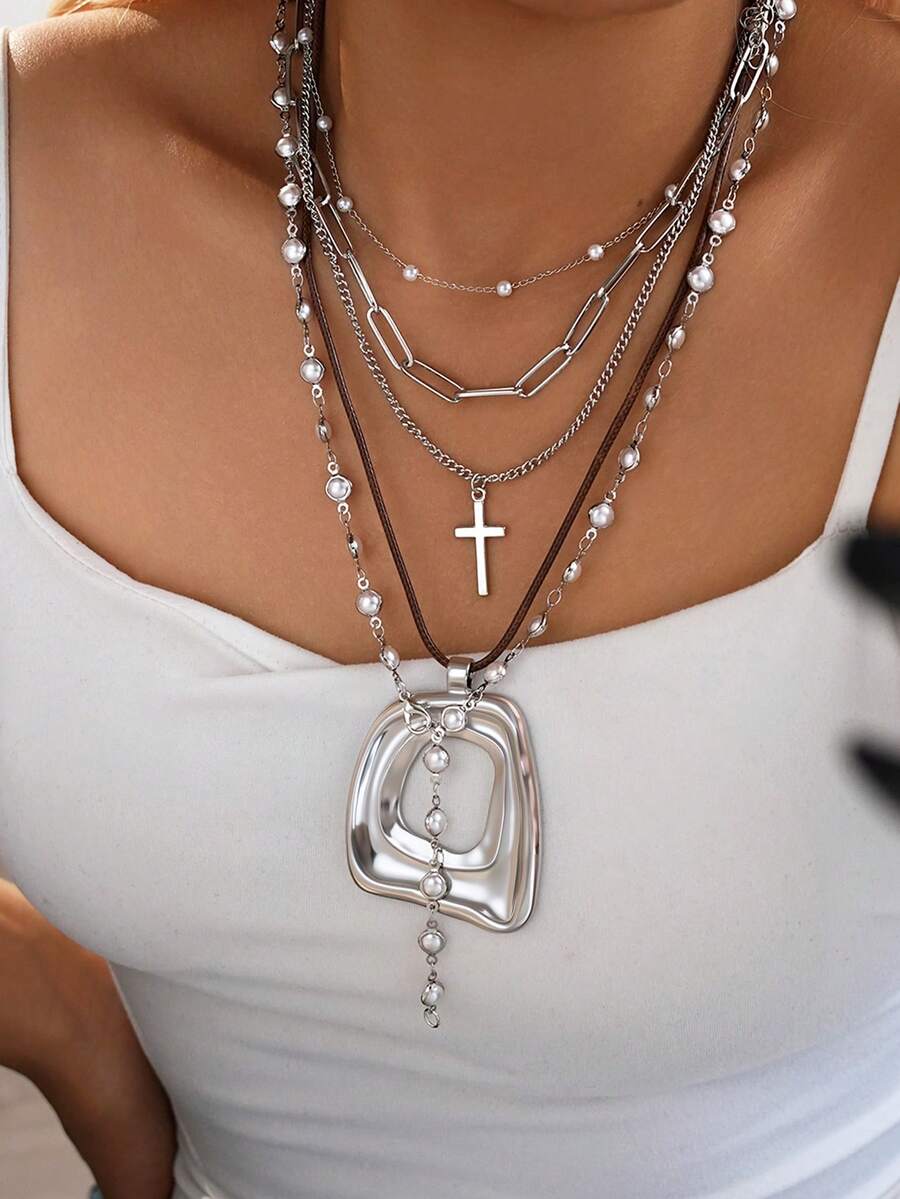 17KM 5件套简约时尚夸张银色极简粗链十字方吊坠项链套装，长款Y字链，适合女性、情侣、度假、约会、日常、派对、婚礼，可作为送给女友、母亲的礼物