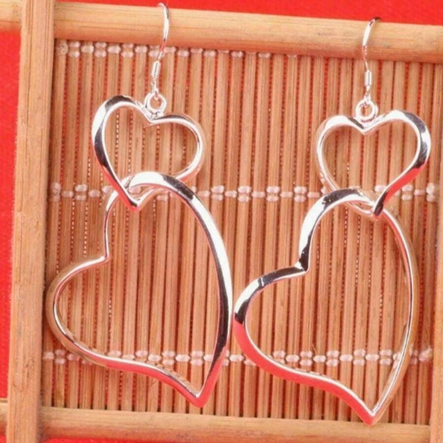 Hollow Heart Design Drop Earrings, Elegant Simple Style Silver-Plated Jewelry Gift - Silver - View 1