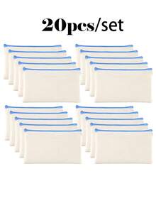 50/20/10/5件套空白帆布铅笔盒化妆包，带彩色拉链，DIY刺绣绘画升华空白帆布袋，学校用品拉链袋，创意派对绘画礼品袋，适用于生日、节日、母亲节、情人节、复活节、开斋节、宰牲节，可重复使用糖果袋，旅行收纳袋 - 米色 - 查看 20