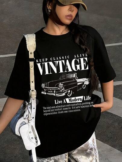 Áo thun cổ tròn in hình xe hơi cổ điển, chất liệu mềm mại, phong cách Y2K thoải mái dành cho các bạn gái trẻ, thích hợp cho mùa xuân/hè.