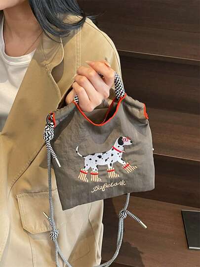 Calcetines con estampado de perro Dálmata lindo de dibujos animados, bolsa de compras con bordado de perro, bolsa de lona con asa de hombro