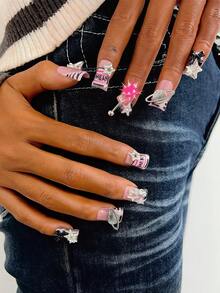 Bộ 10 miếng dán móng tay hình mỏ vịt phong cách Y2K - Làm thủ công, bao gồm miếng dán màu hồng, miếng dán màu đen, miếng dán móng kiểu Pháp màu đen, cùng với hình phong bì màu hồng vẽ tay và họa tiết ngựa vằn, được trang trí bằng khuyên rốn và đá hình ngôi sao. - Nhiều màu - Xem 3