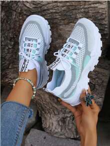 Women Summer Breathable Mesh Shoes, Low-Cut Colorblock Casual Shoes, Comfortable Sports Running Shoes - màu xanh lá - Xem 1