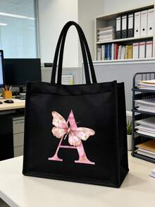 女士大容量手提包，印有粉色蝴蝶和字母A-Z，可折叠耐用，可作购物袋、便携手提包、旅行化妆包、零钱包，适合度假、聚会、购物、工作、通勤等场合，是生日、返校、婚礼、母亲节、复活节的理想礼物，也是春夏必备单品。 - 彩色 - 查看 8