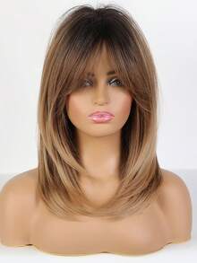 18 Inch Black & Brown Layered Wig With Bangs, Soft & Easy To Style Synthetic Hair, Suitable For Daily Wear, Work, Holidays, Halloween, Christmas, Gift For Women - Brown Ombre - View 2