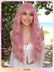 TOPSHE 28英寸粉色卷发假发，带刘海，耐热合成假发，适合女性，可用于万圣节、派对、角色扮演等场合。 - 粉色 - 查看 12