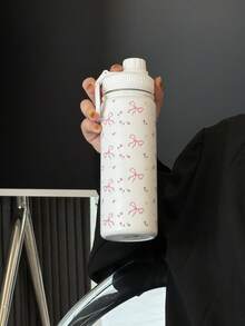 500ml Thermal Insulated Cup With Handle, Bow And Rose Print, Dual Use Sip Lid, Leakproof Lockable Lid, Stainless Steel Sports Water Bottle - Multicolor - View 7