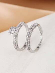 Set de 2 anillos de circonita cúbica, anillos apilables de moda adecuados para el uso diario de las mujeres - Plateado - Ver 5