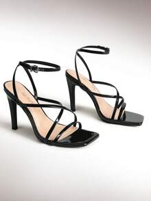 Sandalias de tacón para mujer Hebilla Liso Tira Tobillera De moda - Negro - Ver 2