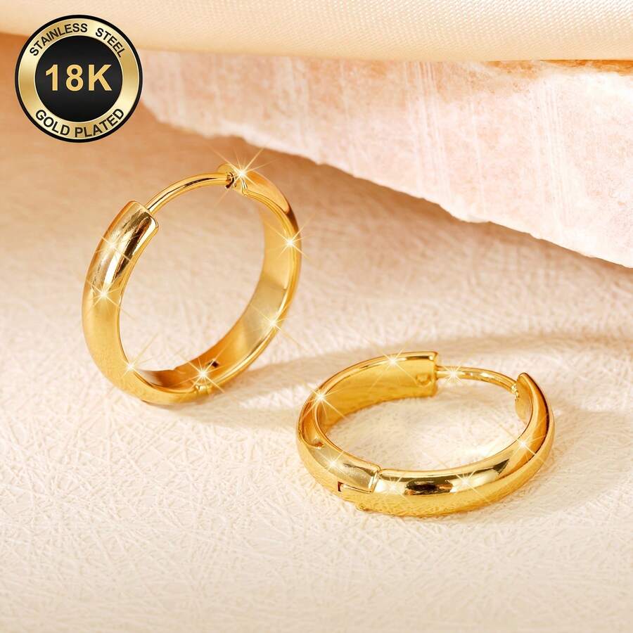 18K镀金不锈钢耳环 | 14毫米，低致敏性，重83.48克，耐磨，防褪色，经典简约设计，男女皆宜，适合日常、节日、度假、派对等场合佩戴