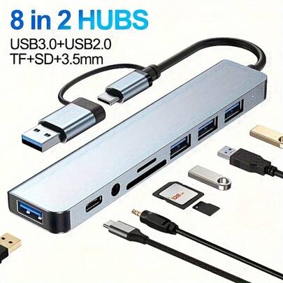 8合1集线器，配备USB和Type-C接口，多功能扩展坞，支持USB 3.0、USB-C、SD/TF卡槽和3.5mm音频接口，支持流畅的多接口协同，适用于手机、平板电脑和电脑的视频和音频输出。