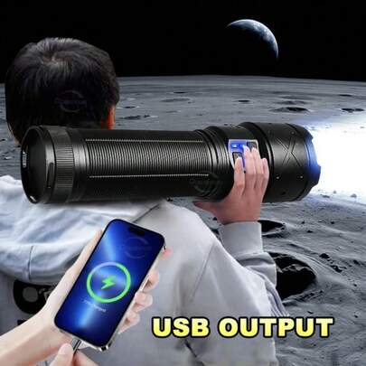 1pc Powerful LED Flashlight, Tactical Rechargeable Flashlight With Built-In Battery, 6 Lighting Modes, 6000m Long Beam Distance, Super Bright Handheld Outdoor Light, Adjustable Zoom, Safety Lighting Flashlight Suitable For Camping, Fishing, Hiking, Hunting, Adventure, Rescue, Mountaineering, Emergency, Work And Other Occasions