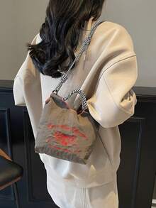 Sweet Girl Style Butterfly Embroidery Nylon Bag, Black & White Woven Strap Tote Shoulder Bag - Grey - View 3