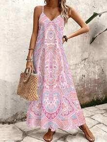 One Pcs Women's White-Based Pink & Blue Paisley All-Over Print V-Neck Spaghetti Strap Maxi Dress, Thin Straps, Retro-Style Dress - 彩色 - 查看 6