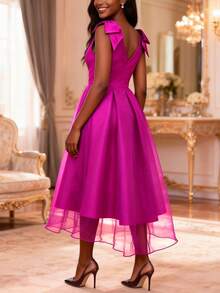 Vestido elegante de línea A para mujer, escote en V profundo, decoración de moño, empalme de malla, vestido de fiesta de noche - Rosa Fucsia - Ver 2