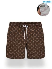 Men's Summer Printed Pattern Drawstring Waist Oblique Pocket Hawaiian Quick-Dry Double-Layer Mesh Lined Shorts, Contrast Letter 3D Graphic Art Print, Fashionable Casual Beach Holiday Swim Trunks - Brown - View 2