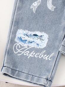 女婴休闲套装（两件套）：蝴蝶结印花黑色圆领短袖T恤上衣和蝴蝶结镂空爱心字母印花弹力腰浅色牛仔长裤 - 黑色 - 查看 9