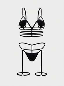 新款性感纯色镂空爱心女士内衣套装，可调节文胸、吊袜带和丁字裤，适合派对穿着 - 黑色 - 查看 5