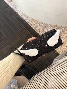 1个18cm*8cm*7cm尼龙手提包，水钻星星设计，羽毛装饰化妆品收纳包，新款ins风少女大容量化妆包，便携式文具袋，适合学生、中小学生，可装化妆品和文具 - 單件 - 查看 7