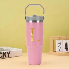 30oz Water Bottles Stainless Steel Insulated Tumbler With Carry Handle Double Walled Leak Proof Fits Most Cup Holder Water Cup For Gym Home Office Travel A-Z Letters Gold Pattern - Multicolor - View 17