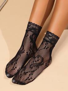 5 Pairs Women's Lace Ankle Socks, Thin Fishnet Socks - Black - View 4