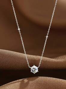 1pc S925 Sterling Silver Minimalist Cubic Zirconia Round Pendant Necklace, Versatile Delicate Choker Necklace For Women - Round - View 5